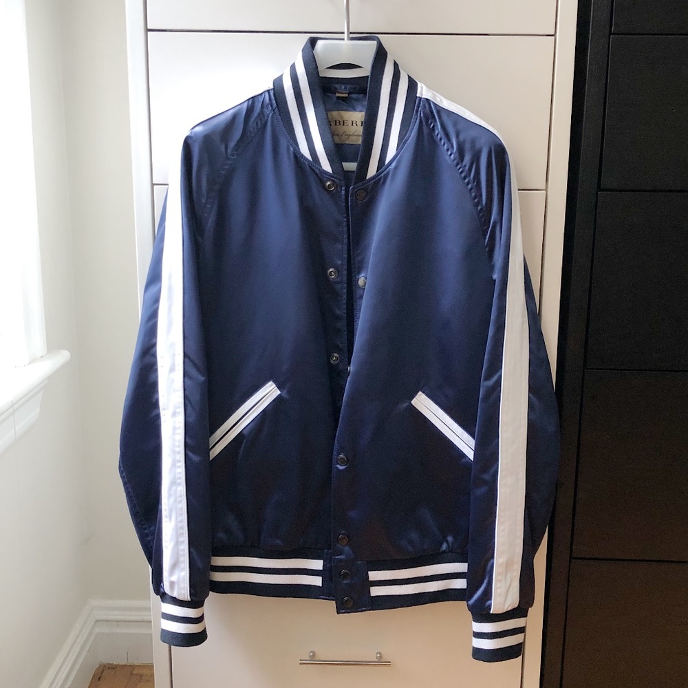 Burberry Navy and White Varsity Bomber Jacket